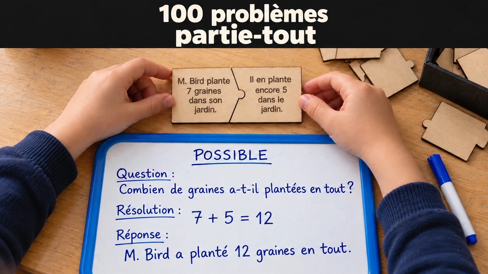 20 tuiles en bois assemblées pour composer un problème partie-tout, devant une ardoise.