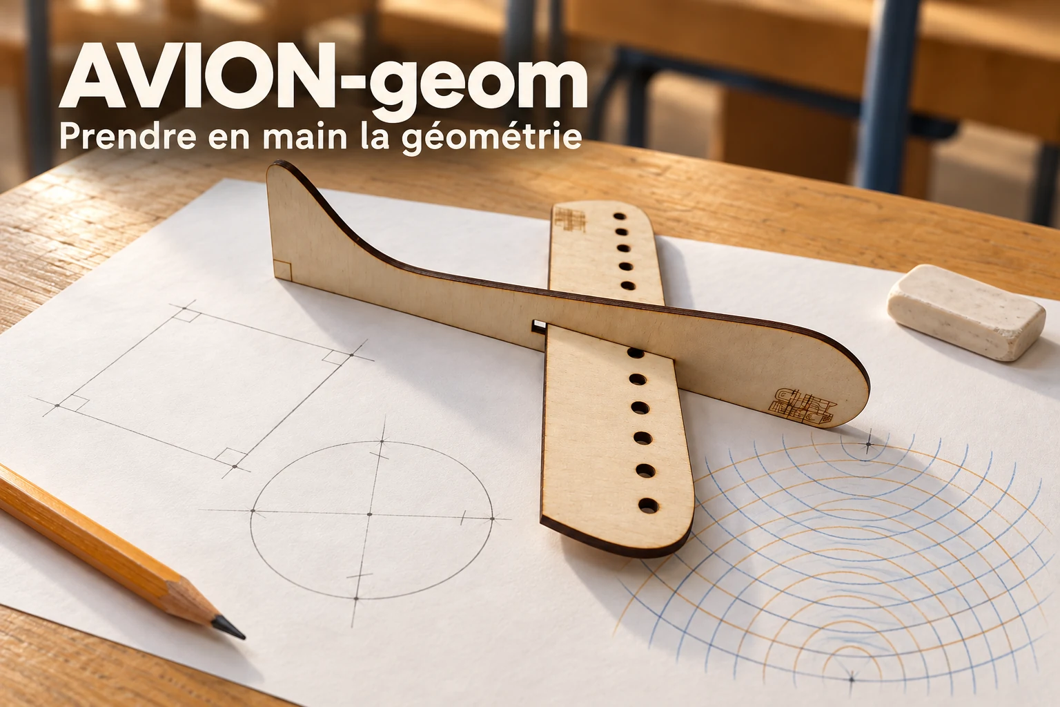 AVION-geom, instrument de tracé et de géométrie en bois.