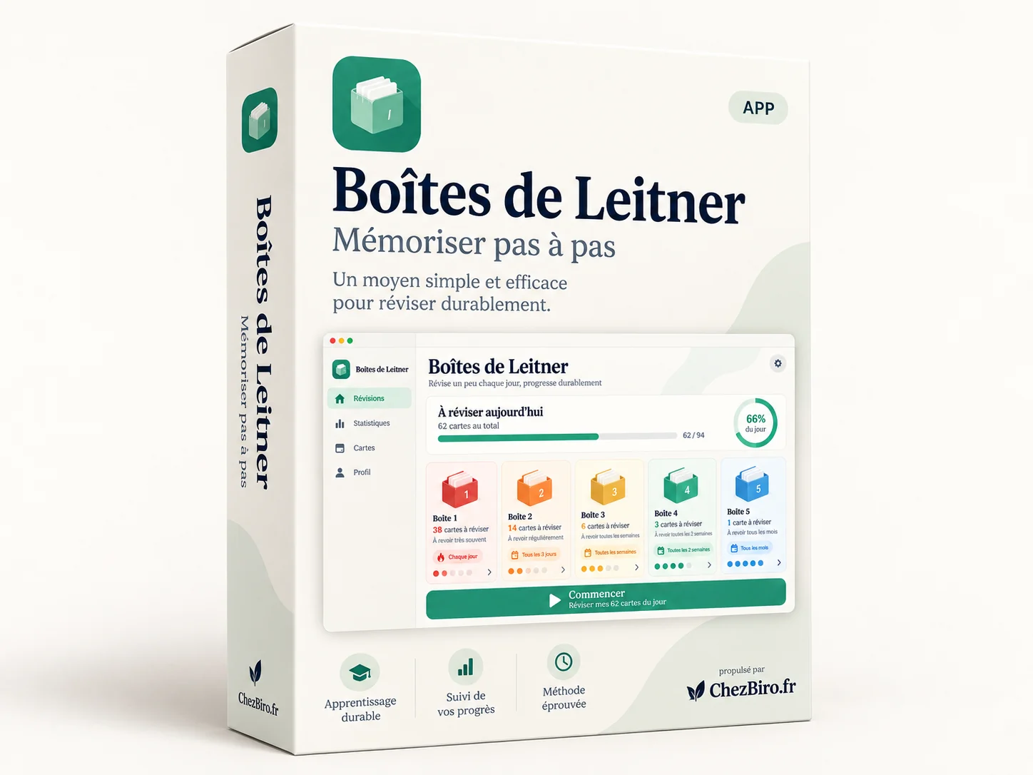 Interface de l’application Boîtes de Leitner ChezBiro° avec cinq boîtes de révision espacée
